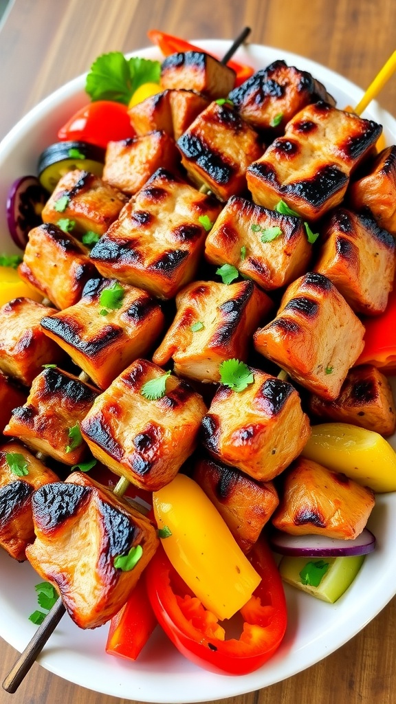 Grilled pork kebabs with bell peppers and onions on a rustic platter.